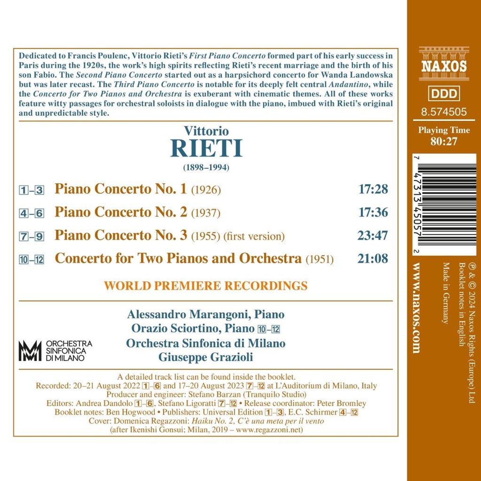Alessandro Marangoni 비토리오 리에티: 피아노 협주곡 (Vittorio Rieti: Piano Concertos)