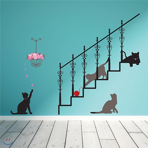 [포인트스티커] KR-0095 계단위에 고양이(계단, 고양이, 검은고양이, 잠자는 고양이)