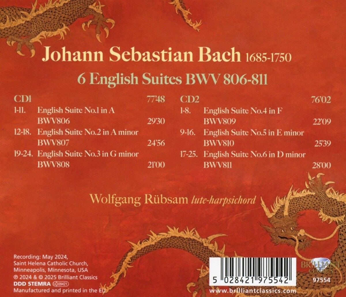 Wolfgang Rubsam 바흐: 6개의 영국 모음곡 (Bach: 6 English Suites, BWV 806-811)
