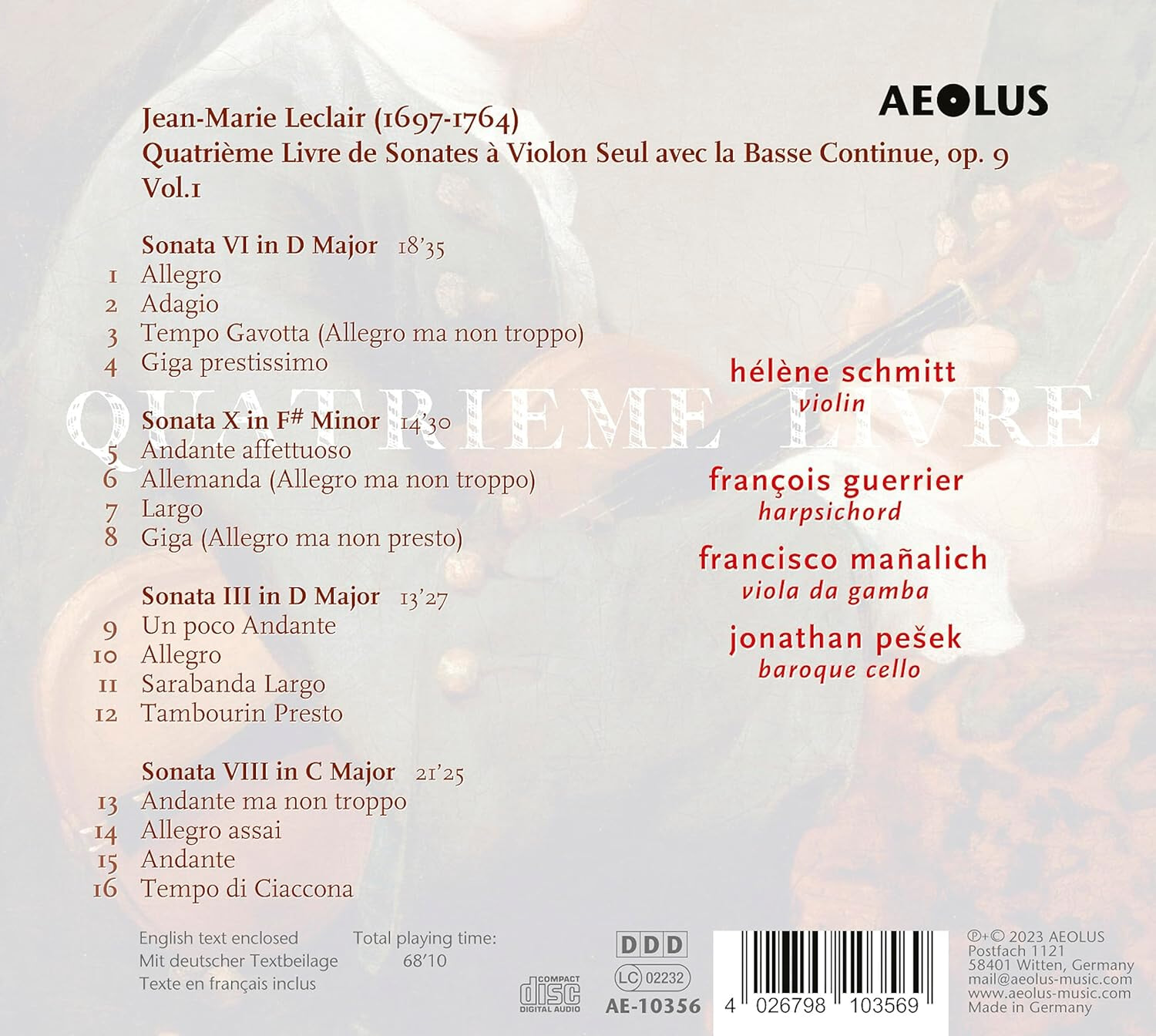 Helene Schmitt 르클레르: 바이올린 소나타집 (Leclair: Quatrieme Livre Violin Sonatas Op.4 vol.1)