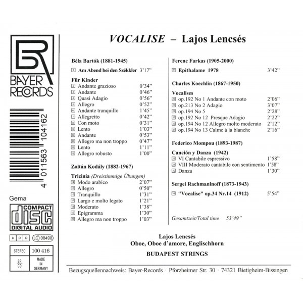 Lajos Lencses 보칼리제 - 오보에로 듣는 바르톡, 코다이, 쾨슐랭, 몸포우, 라흐마니노프 (Vocalise - Bartok, Kodaly, Farkas, Koechlin, Mompou, Rachmaninov)