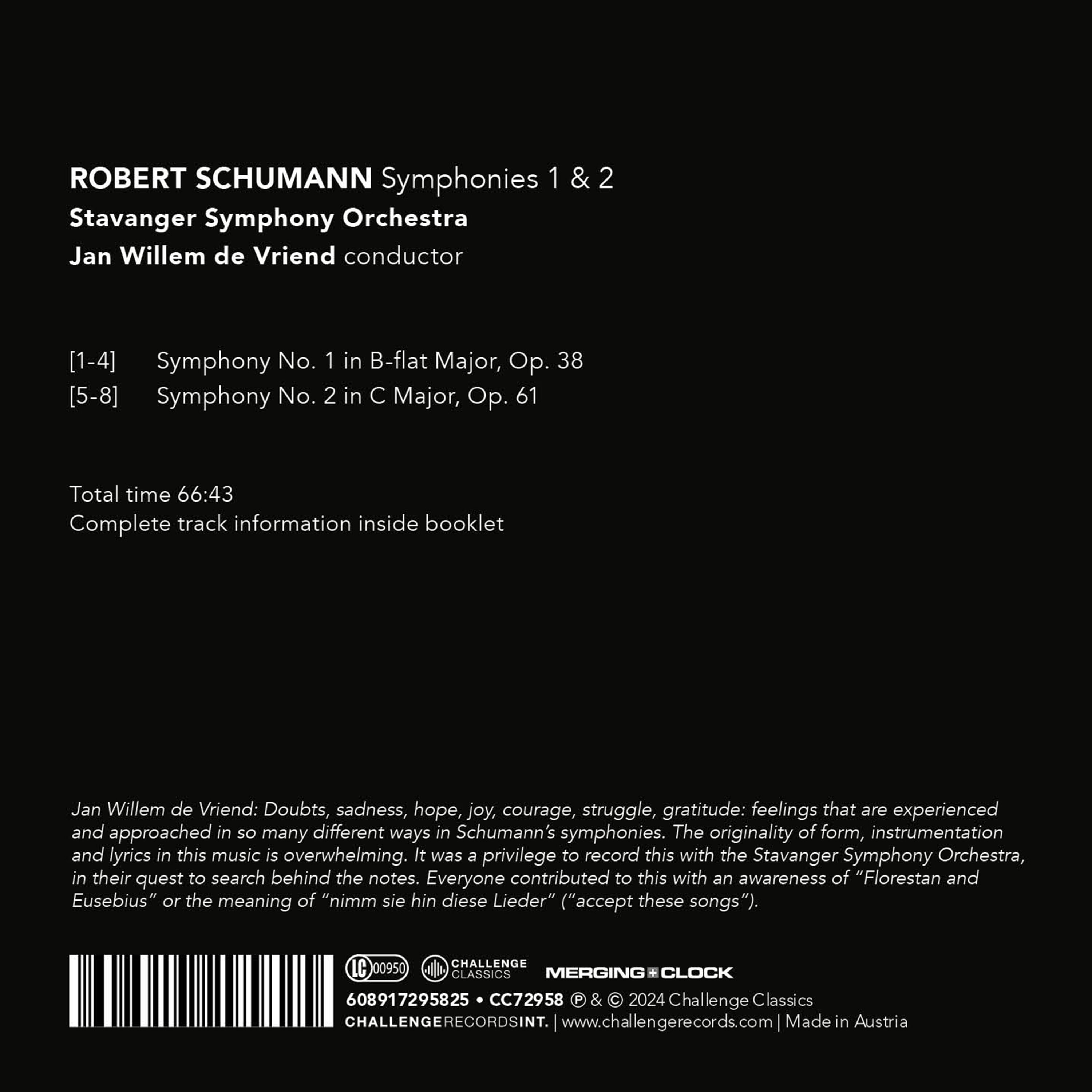 Jan Willem de Vriend 슈만: 교향곡 1번, 2번 (Schumann: Symphonies Op.38, Op.61)