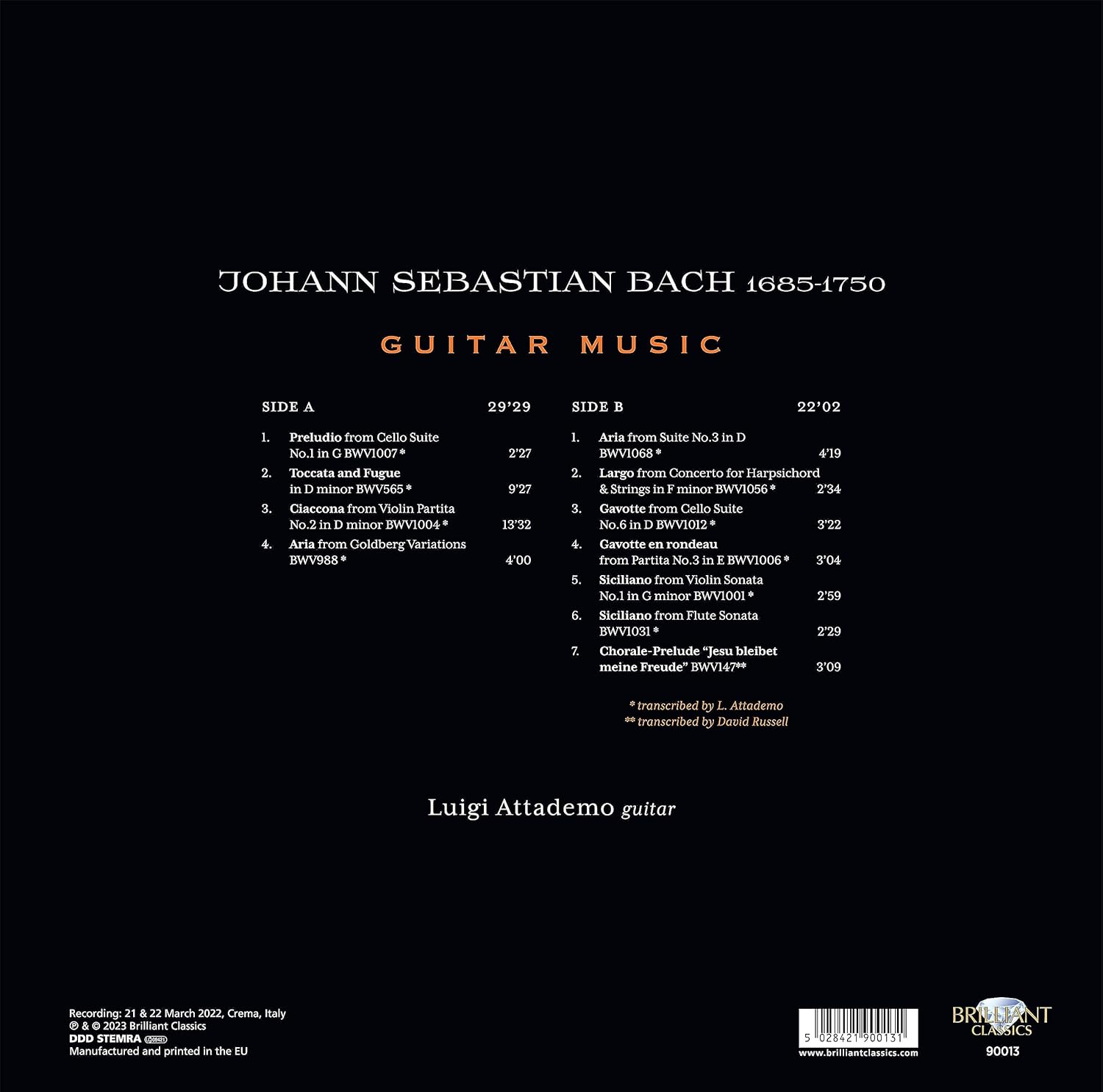 Luigi Attademo 기타로 연주한 바흐 연주 모음집 (Bach: Guitar Music) [LP]