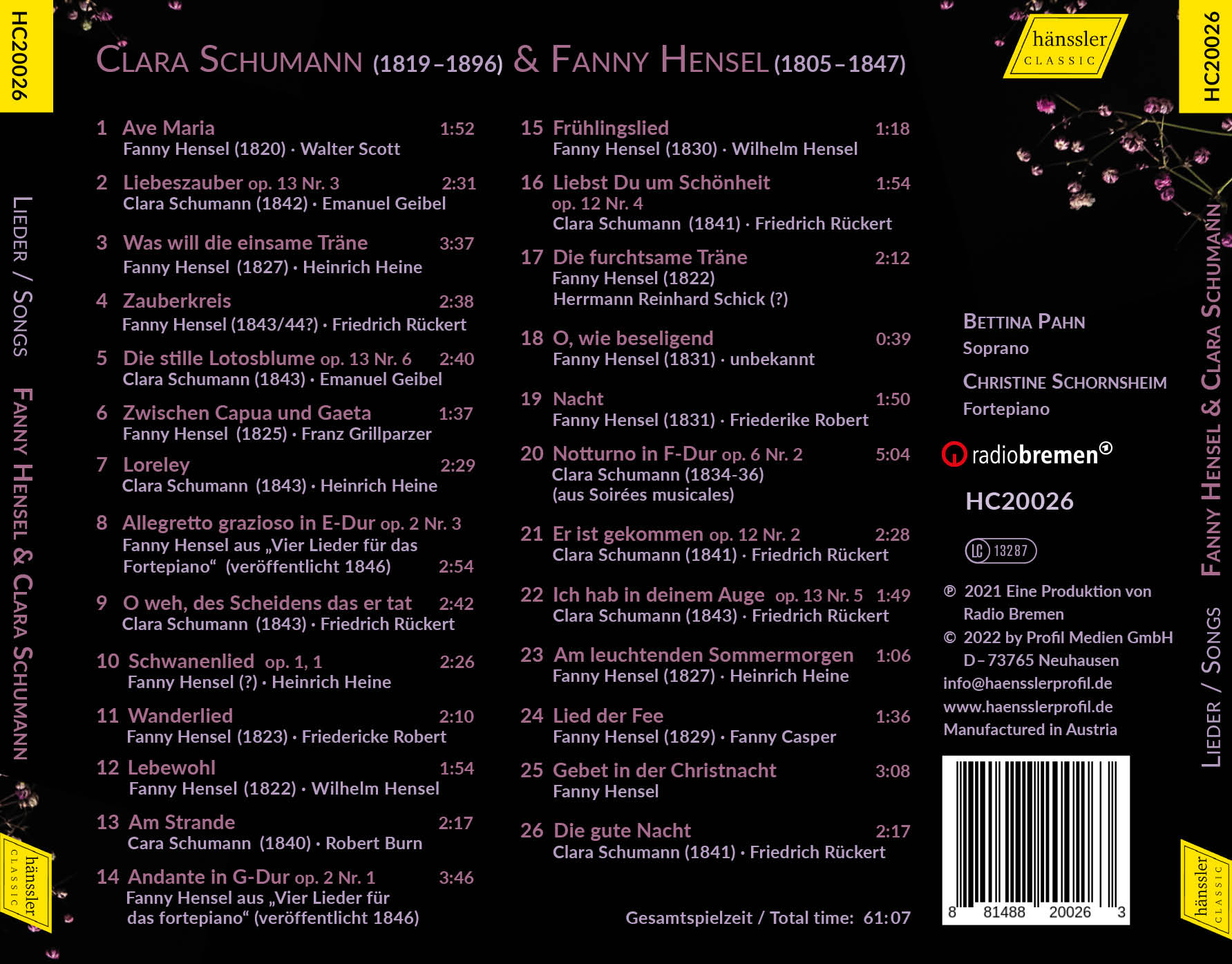 Bettina Pahn 클라라 슈만 / 파니 멘델스존 헨젤: 가곡 모음집 (Clara Schumann / Fanny Hensel: O How Enchanting)