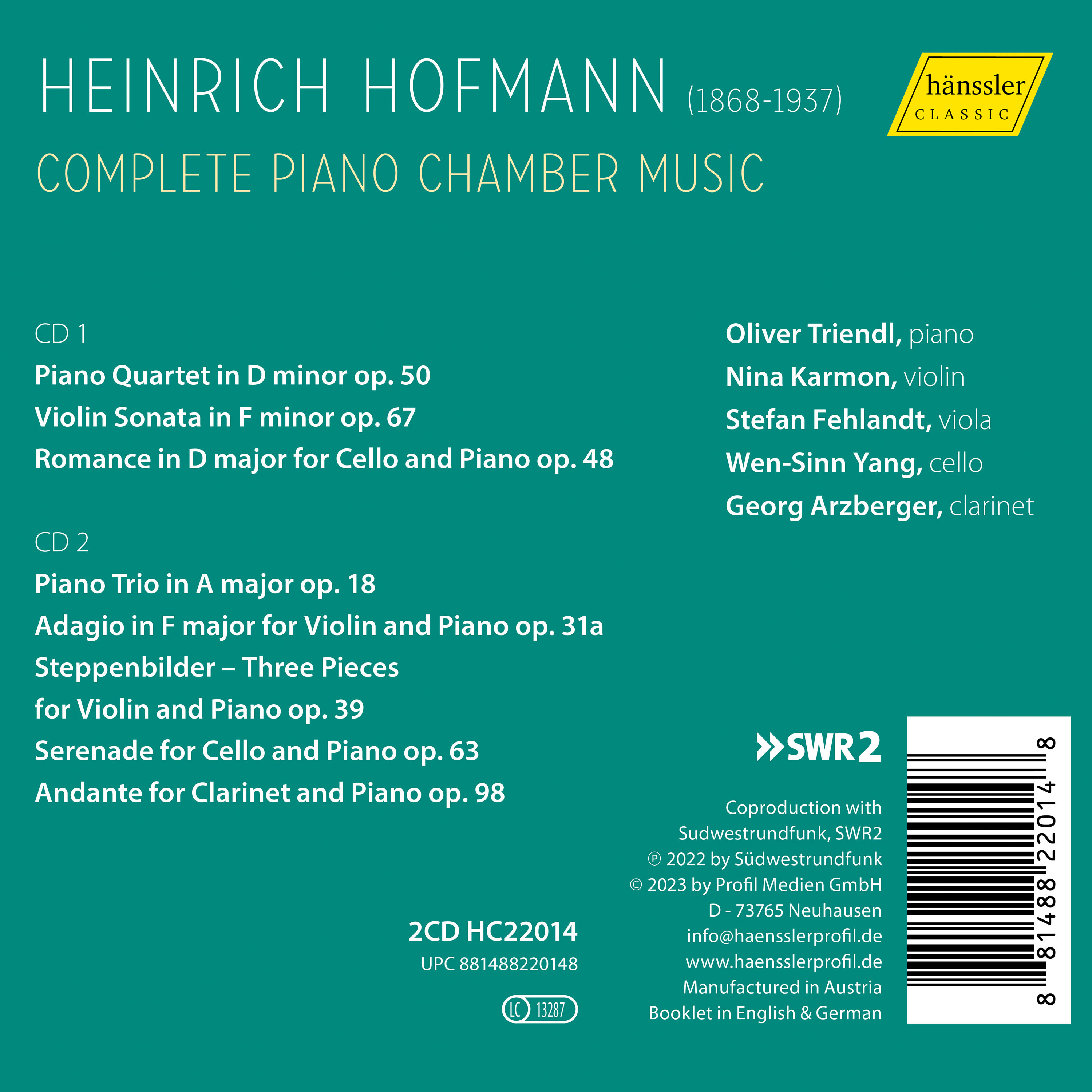 Oliver Triendl 호프만: 실내악 작품집 (Hofmann: Complete Piano Chamber Music)