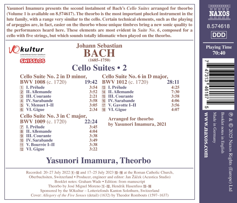 Yasunori Imamura 바흐: 첼로 독주를 위한 모음곡 2, 3, 6번 (Bach: Cello Suites, Vol. 2 arr. for theorbo)