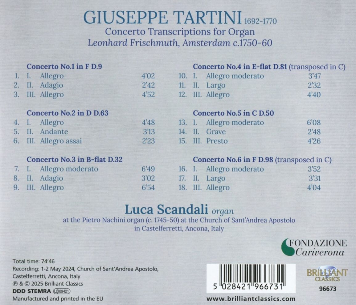 Luca Scandali 타르티니: 오르간을 위한 협주곡 편곡 (Tartini: Concerto Transcriptions for Organ Leonhard Frischmuth, Amsterdam c. 1750-60)