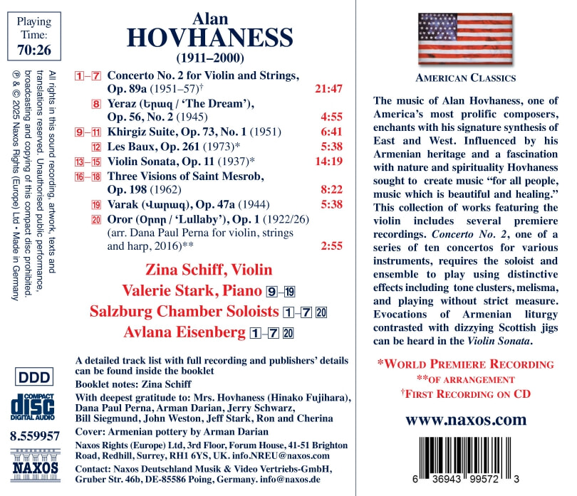 Avlana Eisenberg 호바네스: 협주곡 2번, 바이올린과 피아노를 위한 작품  (Hovhaness: Concerto No. 2, Works for Violin and Piano)