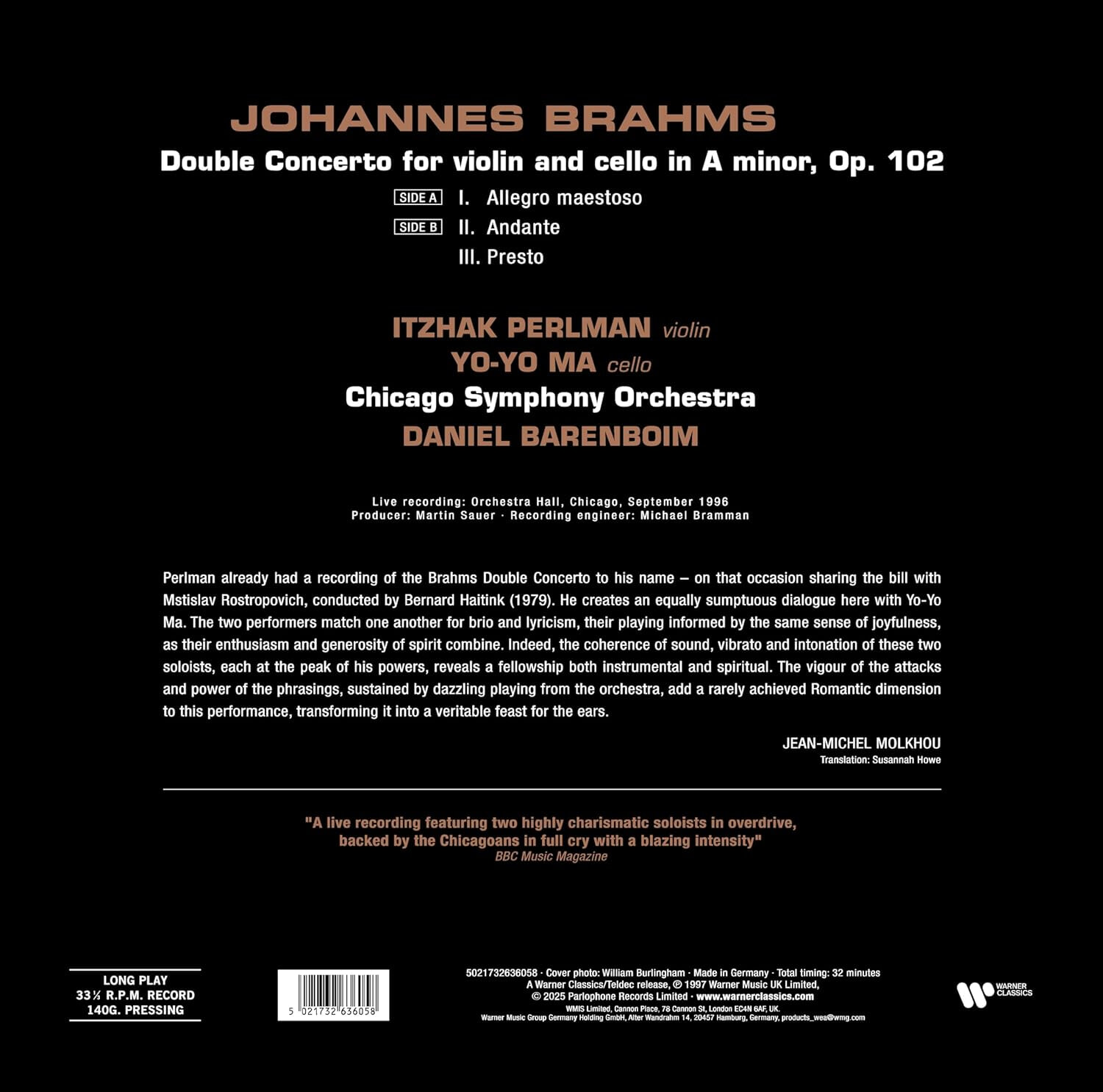 Itzhak Perlman / Yo-Yo Ma 브람스: 이중 협주곡 (Brahms: Double Concerto) [LP]