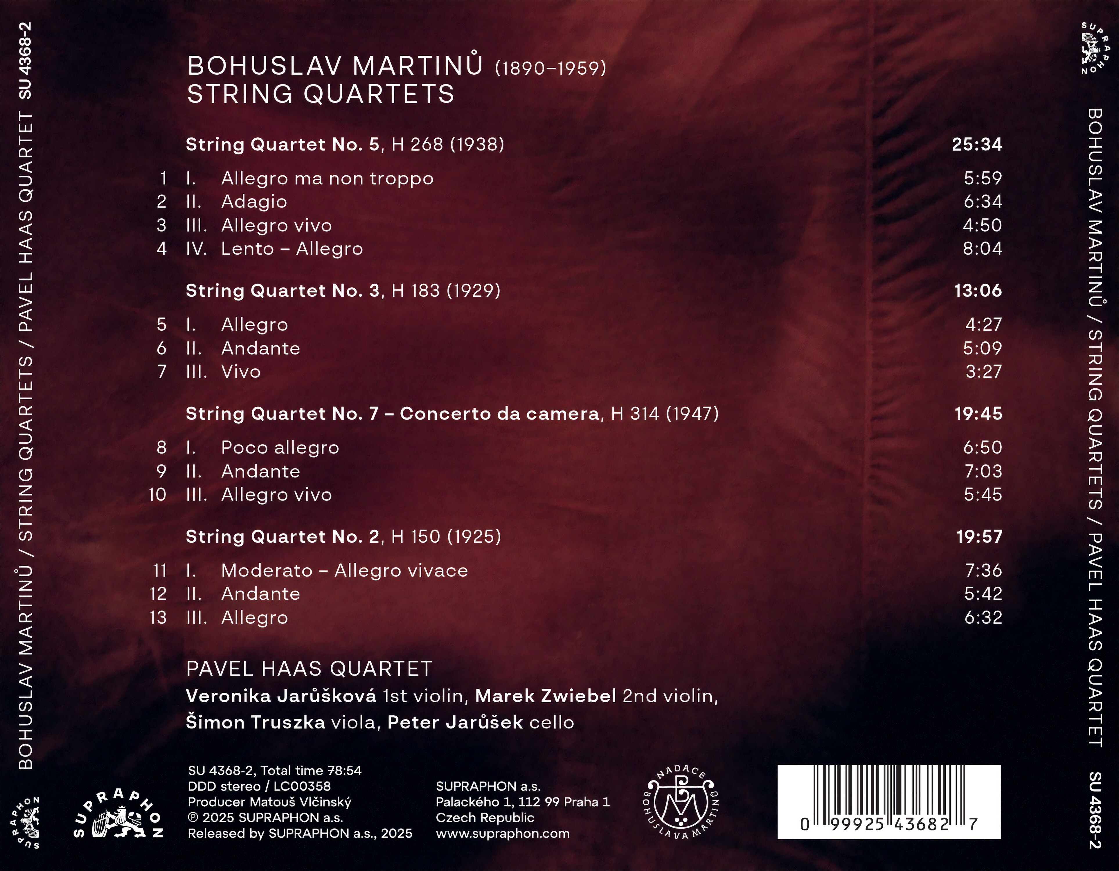 Pavel Haas Quartet 마르티누: 현악사중주 2번, 3번, 5번, 7번 (Martinu: String Quartets 2, 3, 5, 7)