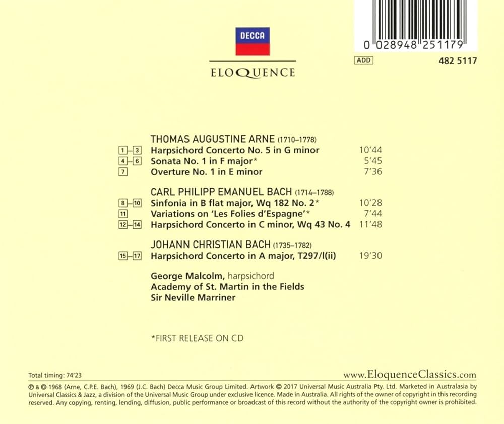 Nevile Marriner 안 / C.P.E.바흐 / J.C.바흐: 하프시코드 협주곡 (Arne / C.P.E.Bach / J.C.Bach: Harpsichord Concertos)