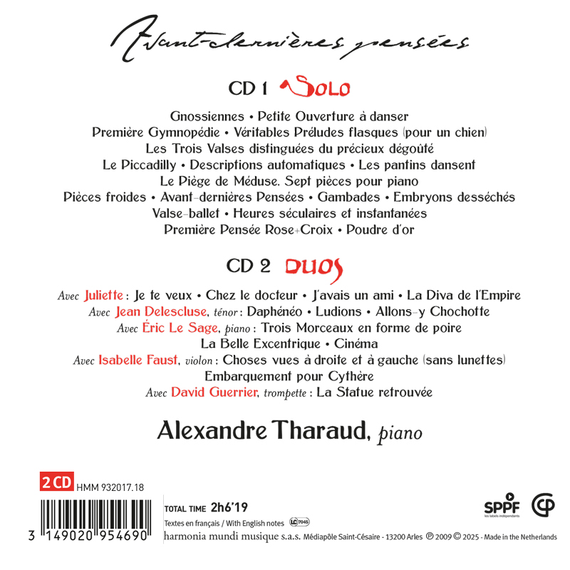 Alexandre Tharaud 에릭 사티: 솔로와 듀오 (Erik Satie: Avant-Dernieres Pensees)