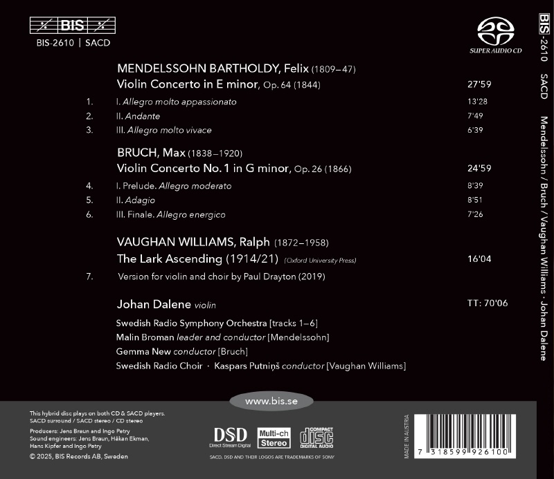 Johan Dalene 멘델스존 / 브루흐: 바이올린 협주곡 외 (Mendelssohn / Bruch: Violin Concertos etc) [SACD Hybrid]