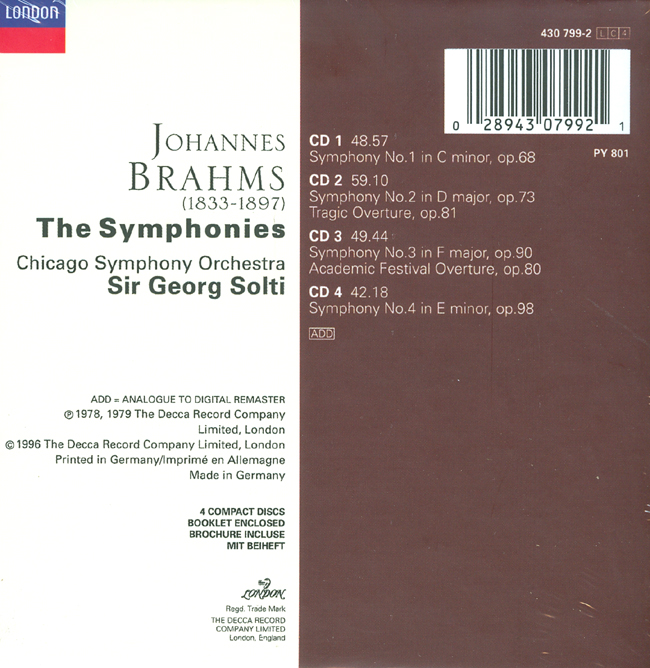 Brahms - The Symphonies, CSO, Sir Georg Solti. Germany 1996 4xCD London Records 430 799-2 Brahms - The Symphonies, CSO, Sir Georg Solti. Germany 1996 4xCD London Records 430 799-2