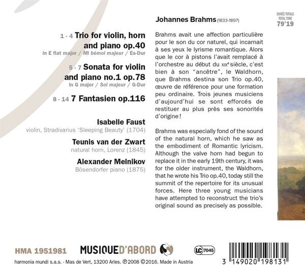 Isabelle Faust / Alexander Melnikov 브람스: 호른 삼중주, 바이올린 소나타 (Brahms: Horn Trio Op.40, Violin Sonata Op.78)