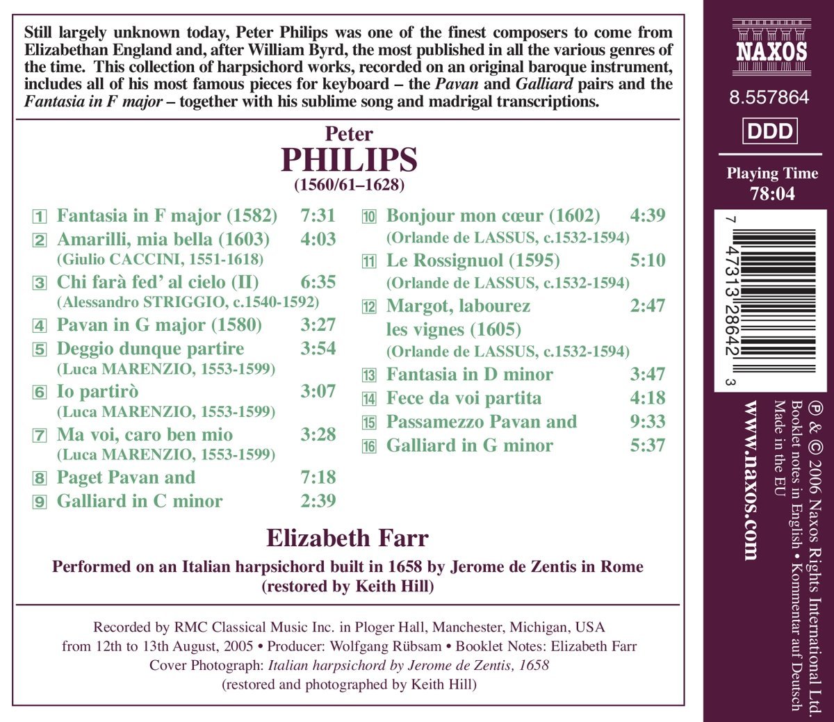 Elizabeth Farr 피터 필립스: 하프시코드 작품집 - 판타지아, 파반느, 갈리어드, 파사메초 (Philips: Harpsichord Works)