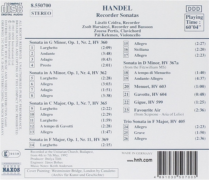 Laszlo Czidra 헨델: 리코더 소나타, 피츠윌리엄 소나타 2번 (Handel: Recorder Sonatas Op.1 Nos.2, 4, 7, 11, Fitzwilliam Sonata)