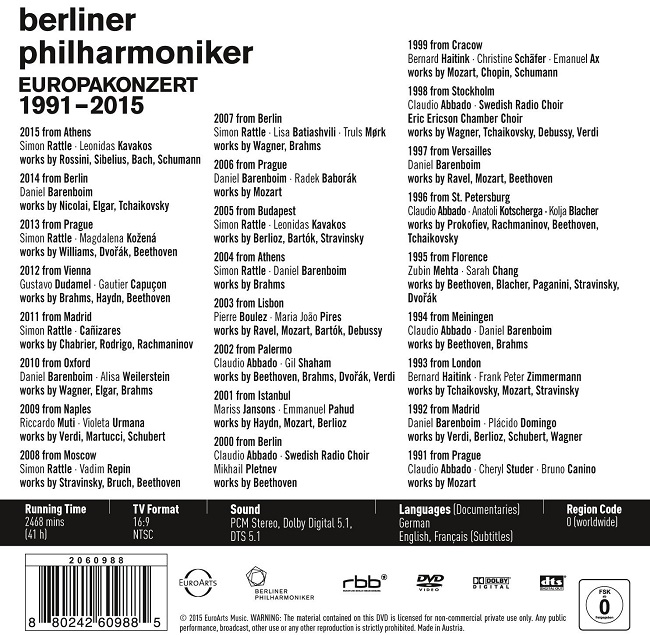 베를린 필하모닉 유로파 콘체르트 시리즈 25주년 기념 25 DVD 박스 세트 (Berliner Philharmoniker Europakonzert 25 Anniversary Box 1991-2015)