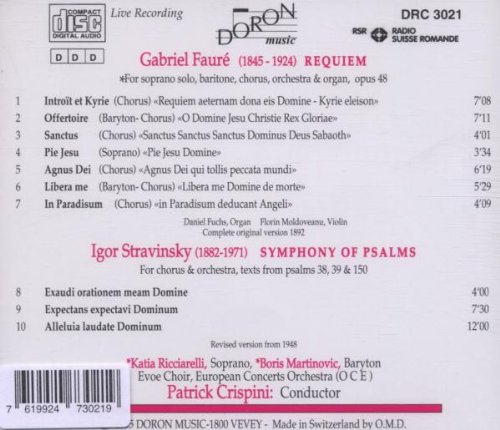 Patrick Crispini 포레: 레퀴엠 [1892년 버전] / 스트라빈스키: 시편 교향곡 (Faure: Requiem [Initial Version] / Stravinsky: Symphony of Psalms) 유로피언 콘서트 오케스트라, 에보에 합창단, 패트릭 크리스피니