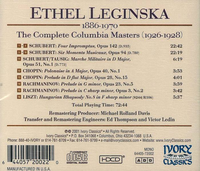 Ethel Leginska 에텔 레진스카 콜럼비아 마스터스 1926-1928 전집 - 슈베르트 / 쇼팽 / 라흐마니노프 / 리스트 (Complete Colimbia Masters - Chopin / Rachmaninov / Schubert / Liszt / Tausig)