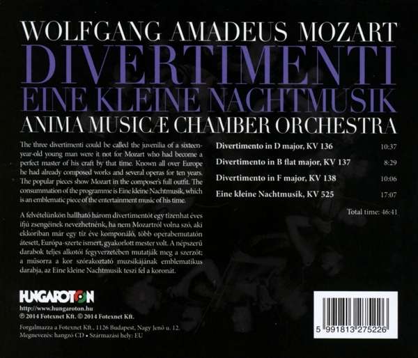 Anima Musicae 모차르트: 디베르티멘토, 아이네 클라이네 나흐트무지크 (Mozart: Divertimenti, Eine Kleine Nachtmusik) 아니마 뮤지케 실내 관현악단