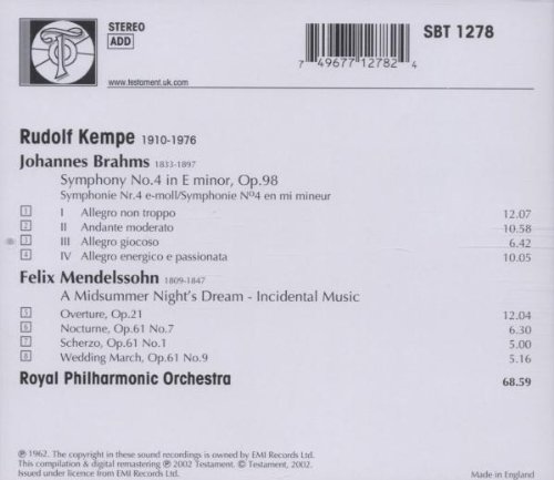 Rudolf Kempe 브람스: 교향곡 4번 / 멘델스존: 한 여름밤의 꿈 - 루돌프 켐페 (Brahms : Symphony No.4)