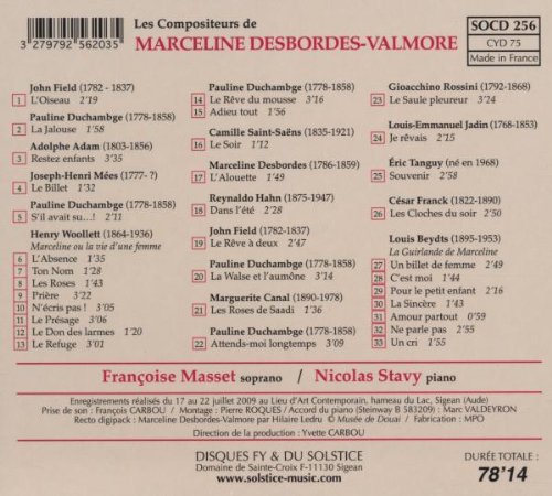 Francoise Masset 마르셀린 데보르드-발모르의 작곡가들 - 아당 / 존 필드 / 프랑크 / 로시니 / 생상스 외 (Les Compositeurs De Marceline Desbordes-Valmore)