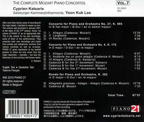 Cyprien Katsaris / 이윤국 - 모차르트: 피아노 협주곡 전곡 7집 - 27, 5번 (Mozart: The Complete Piano Concertos Vol.7) 치프리앙 카차리스
