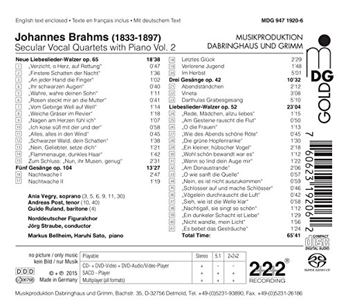 Jorg Straube 브람스: 세속 사중창 합창 - 사랑의 노래 왈츠 외 (Brahms: Secular Vocal Quartets with Piano Vol.2 - Liebeslieder-Walzer Op.52, Gesange Op.42 & 104)