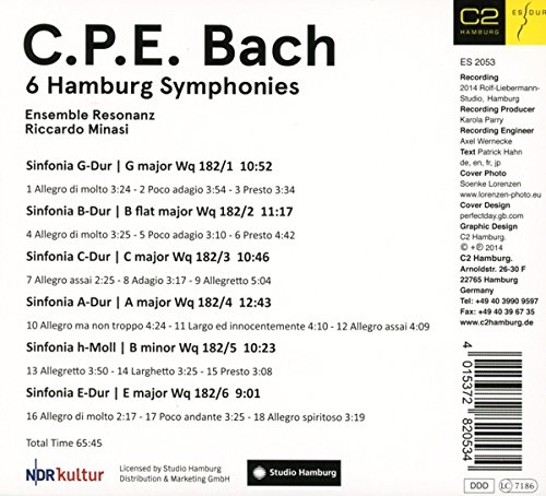 Riccardo Minasi 칼 필립 에마누엘 바흐: 6개의 함부르크 교향곡 (C.P.E. Bach: 6 Hamburg Symphonies Wq.182 Nos.1-6) 리카르도 미나시, 앙상블 레조난츠