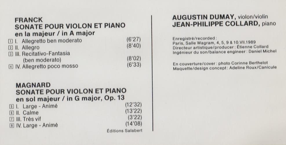 Franck/Magnard : Sonates Pour Violon Et Piano 