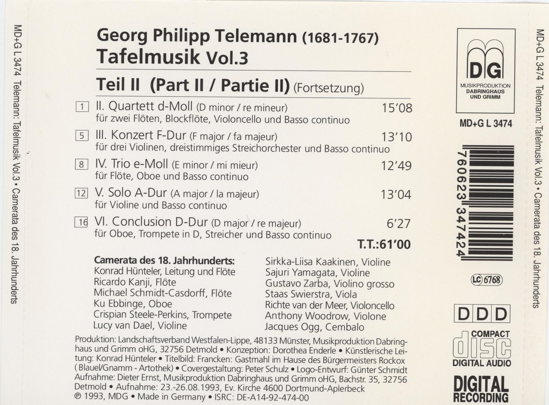 TELEMANN (텔레만) - Tafelmusik (타펠무지크) vol.3