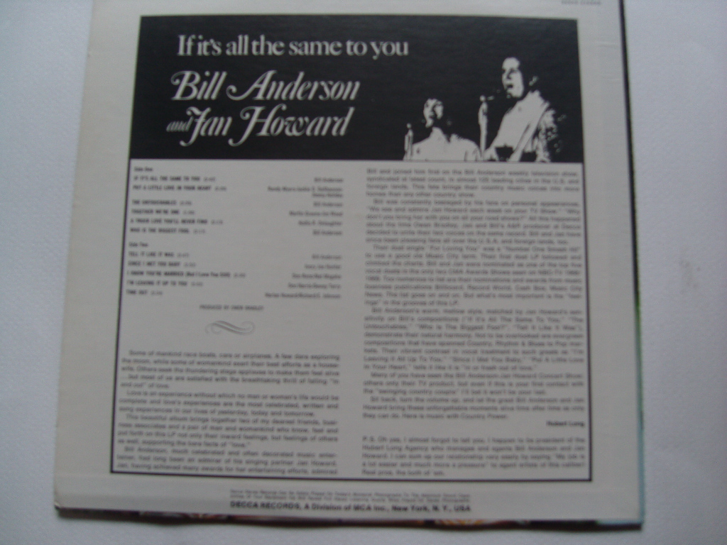 LP(수입) 빌 앤더슨, 얀 하워드 Bill Anderson And Jan Howard: If It's All The Same To You