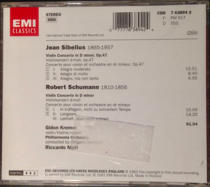 Gidon Kremer, Riccardo Muti, Philharmonia Orchestra / Sibelius* &amp Schumann*