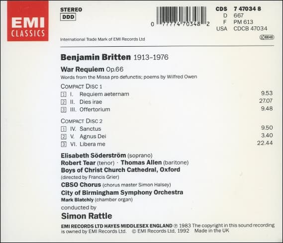 Benjamin Britten - War Requiem / Birmingham Symphony Orchestra 2×CD(영국반)