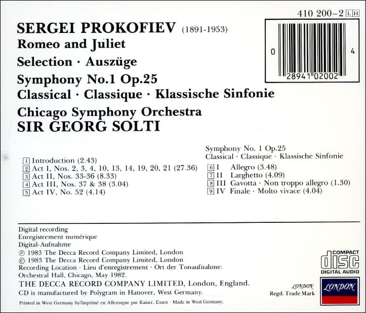 Prokofie -  Romeo And Juliet Selection / Symphony No.1(독일반)