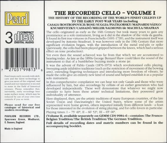 The Recorded Cello - The History Of The Cello On Record Volume I  3×CD (영국반)