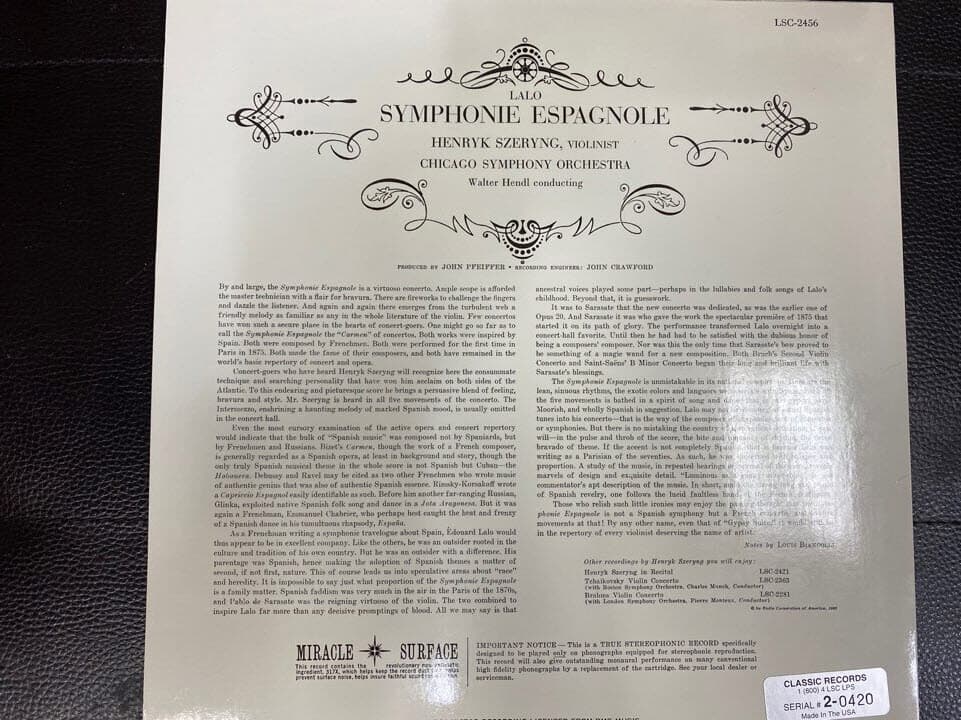 [LP] 헨리크 셰링 - Henryk Szeryng - Lalo Symphonie Espagnole LP [미국반]