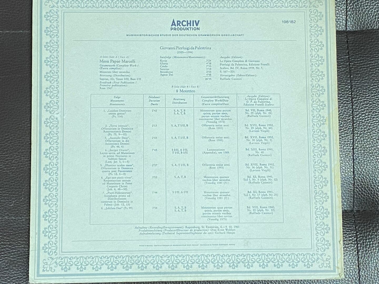 [LP] 조반니 피에를루이지 다 팔레스트리나 - Giovanni Pierluigi - Missa Papae Marcelli - 8 Motetten LP [독일반]