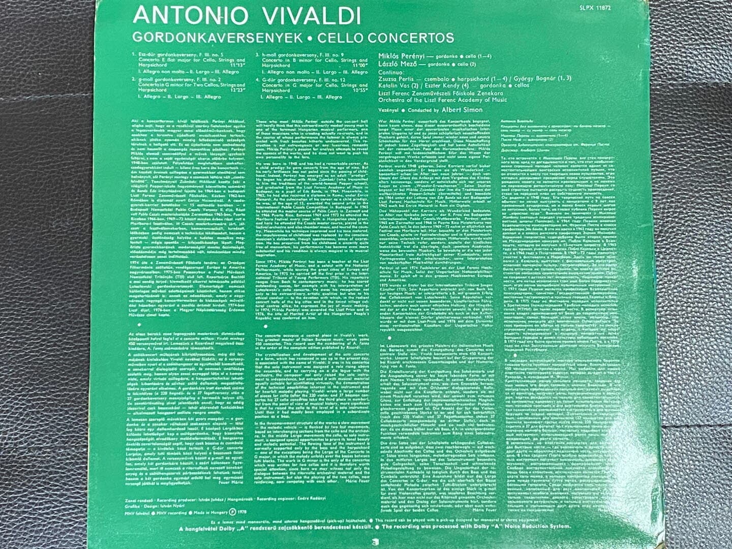 [LP] 미클로스 페레니 , 라슬로 메죄 -  Miklos Perenyi , Laszlo Mezo - Vivaldi Cello Concerti LP [헝가리반] 