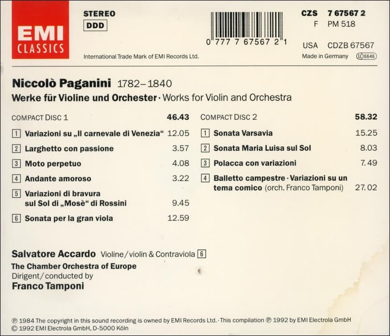 Paganini: Salvatore Accardo - The Chamber Orchestra Of Europe (2cd)(독일반)