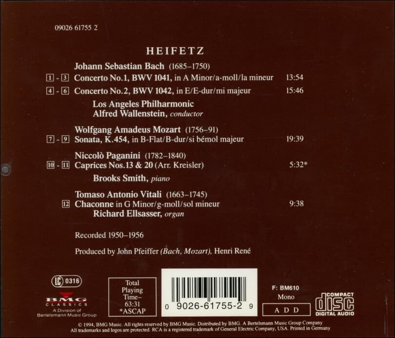 Heifetz Concertos - Bach * Mozart*Paganini* Vitali (독일반)
