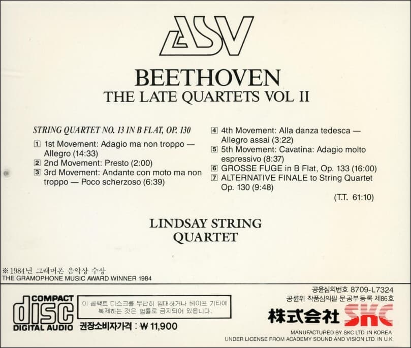 BEETHOVEN THE LATE QUARTETS VOL II - LINDSAY STRING QUARTET