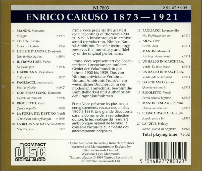 ENRICO CARUSO 1873 - 1921 (수입)