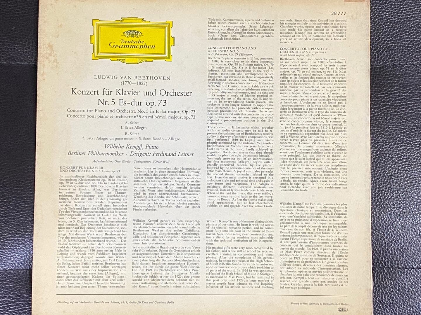 [LP] 빌헬름 캠프 - Wilhelm Kempff - Beethoven Klavierkonzert Nr.5 Es-dur Op.73 LP [독일반]