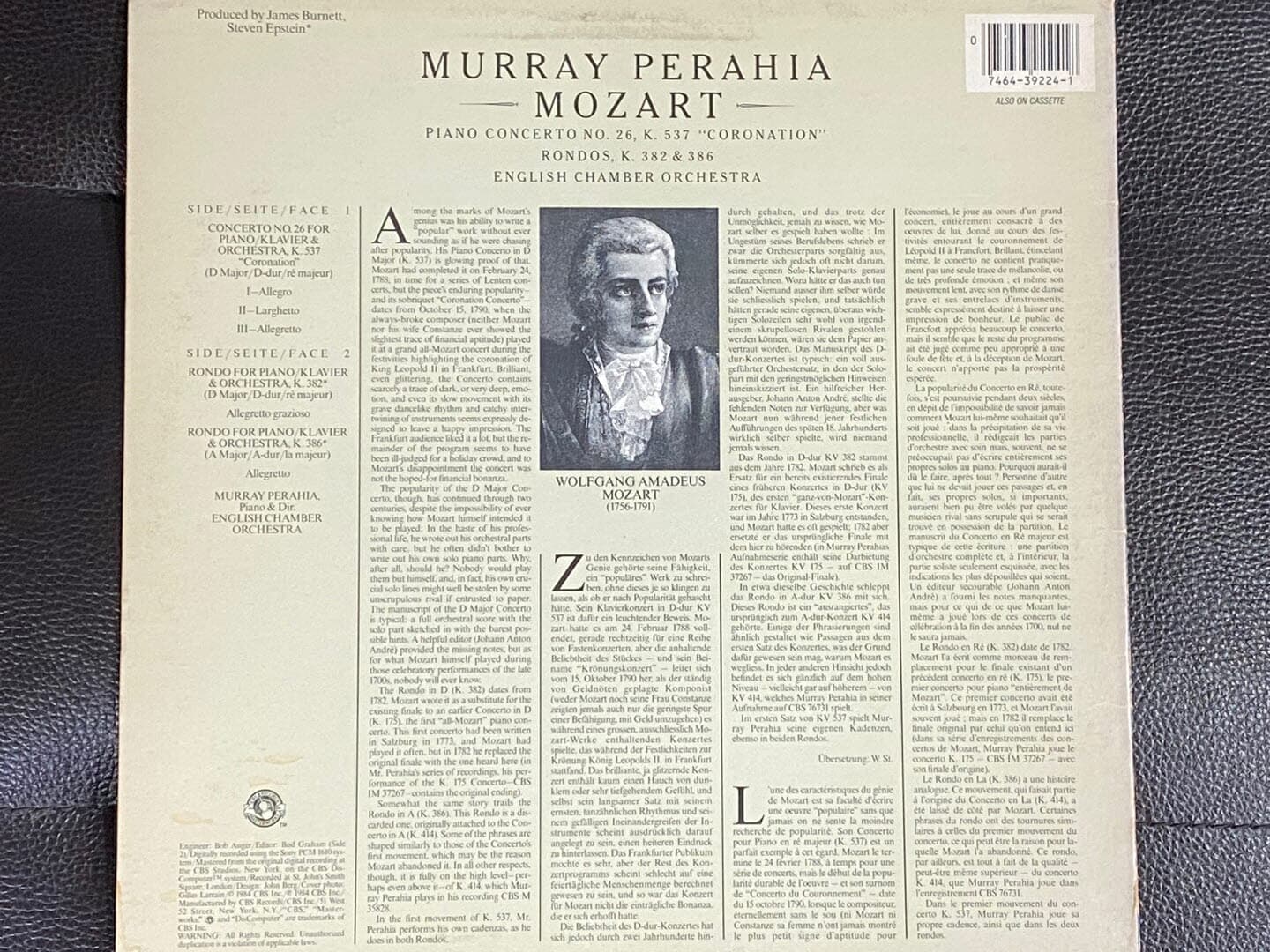 [LP] 머레이 페라이어 - Murray Perahia - Mozart Piano Concerto No.26, K.537 LP [U.S반]
