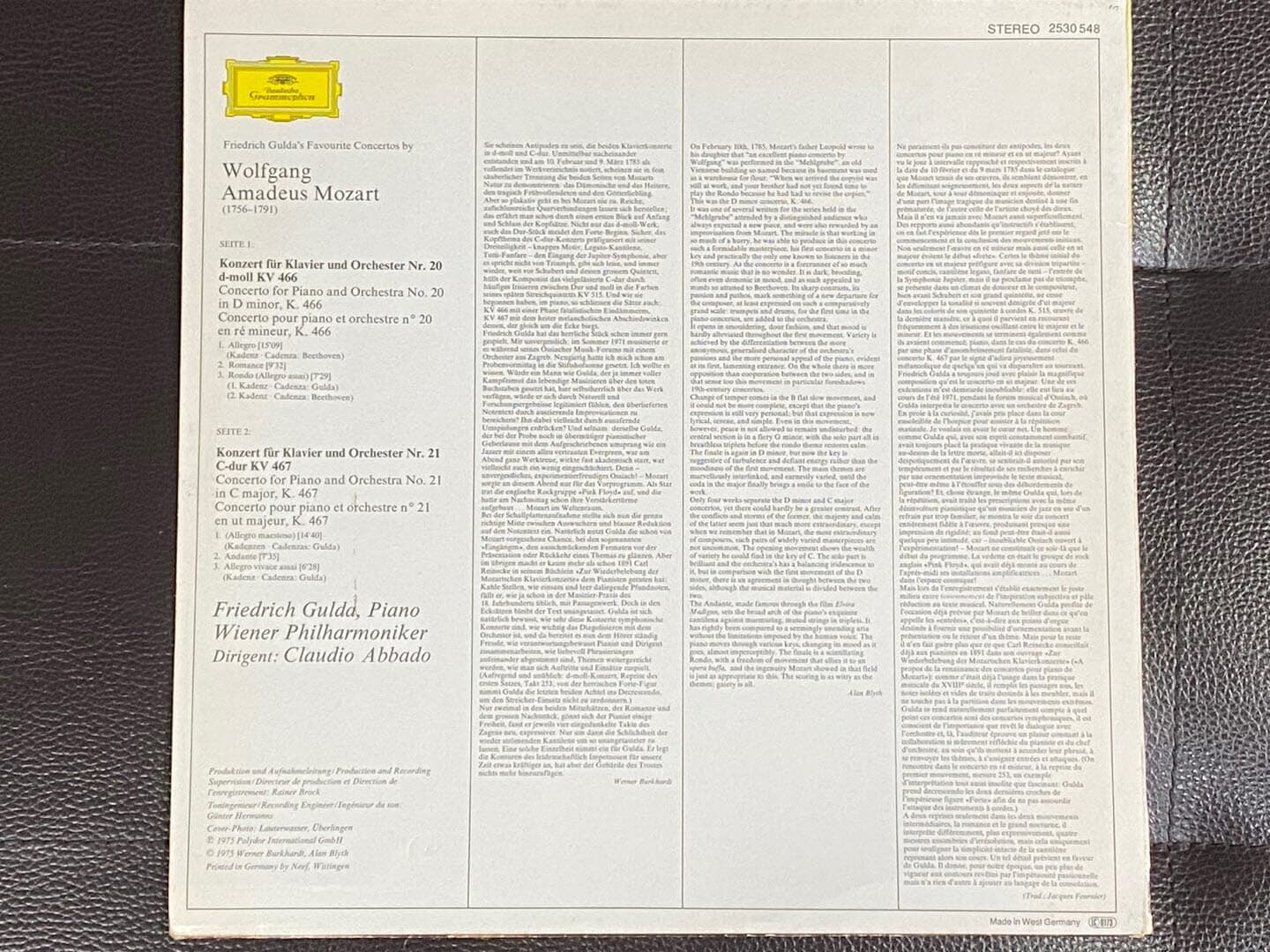 [LP] 굴다 & 아바도 - Gulda & Abbado - Mozart Piano Concerto No.20 & 21 LP [독일반]