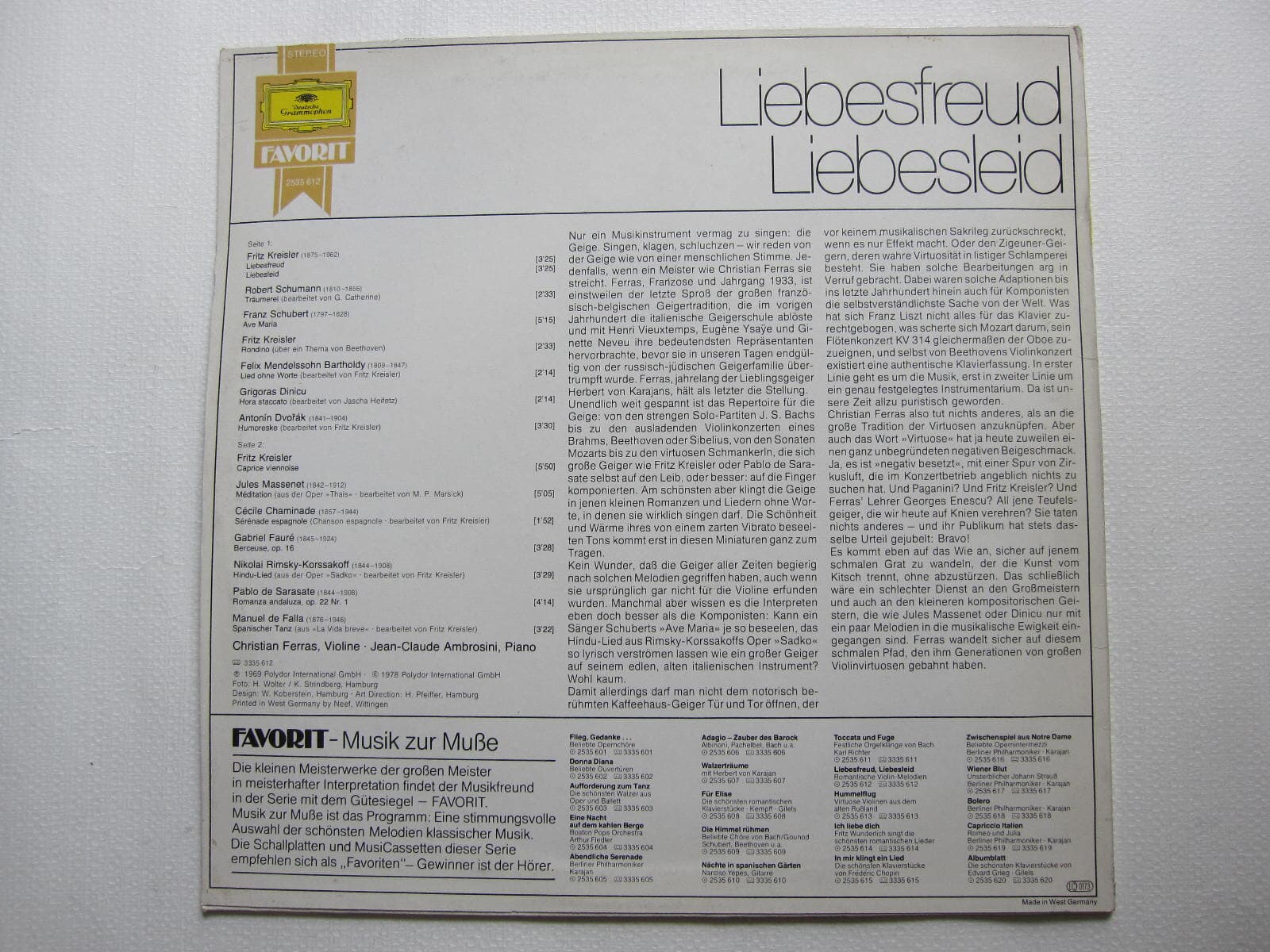 LP(수입) Liebesfreud Liebesleid... Romantische Violin-Melodien mit Christian Ferras - 크리스티안 페라스 /장 클로드 암브로시니