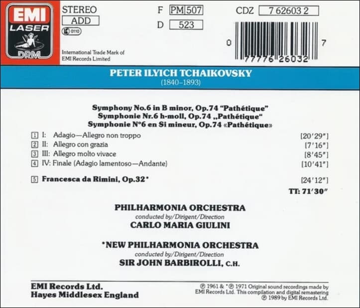 Tchaikovsky : Carlo Maria Giulini - Symphonie No. 6 "Pathetique" Francesca da Rimini (UK반)