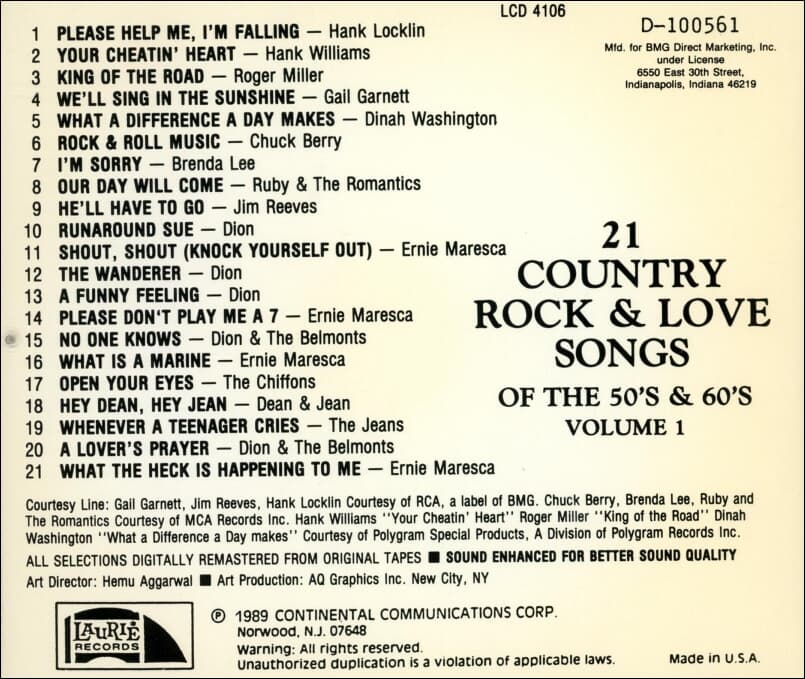 21 Country Rock And Love Songs -  Of The 50's And 60's Volume 1(US반) 